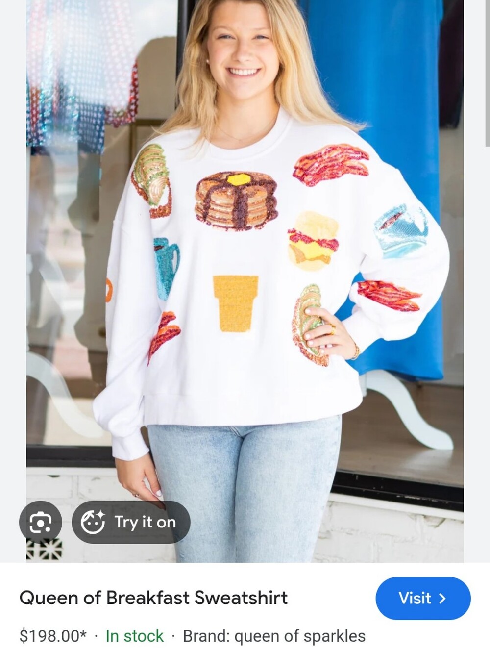 QUEEN OF SPARKLES White Sequin Breakfast Motif Sweatshirt